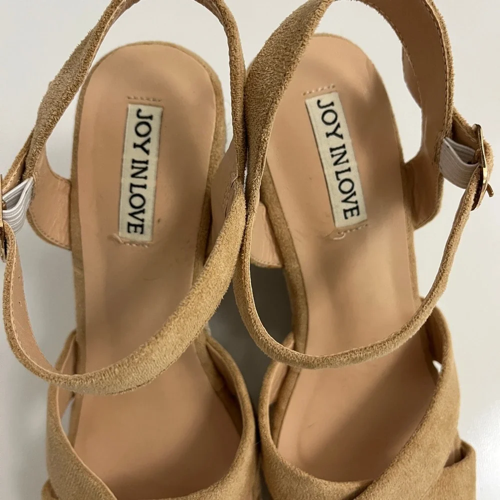 JOY IN LOVE Espadrille Wedge Sandals Women 7 Tan Solid Platform Summer Boho Heel